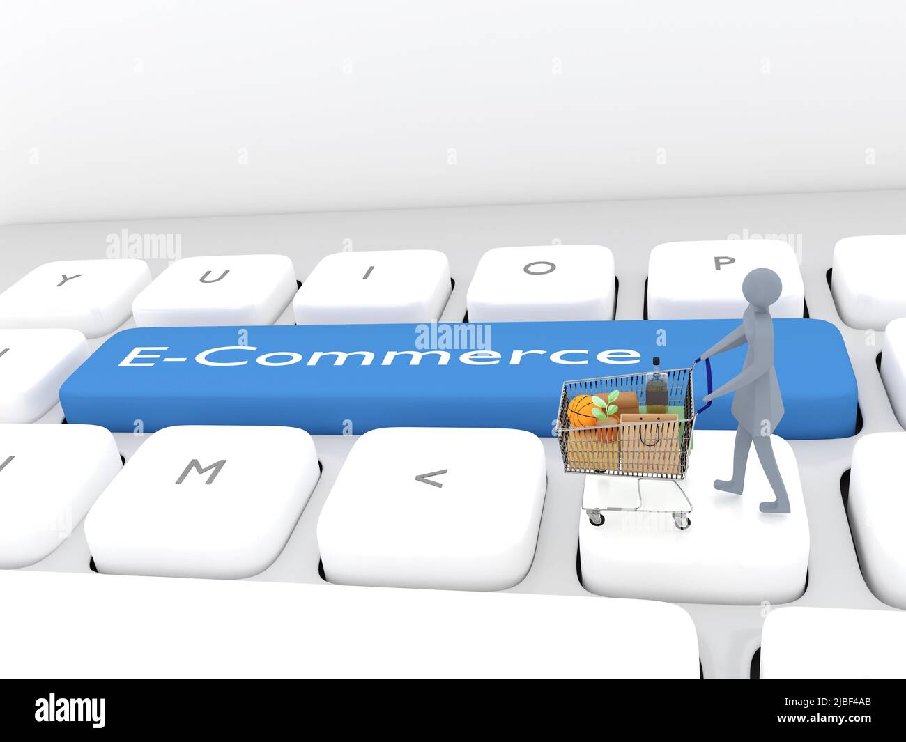 3D Illustration einer Frau Silhouette und eines Warenkorbs auf Computertastatur mit dem Skript E-Commerce platziert Stockfoto