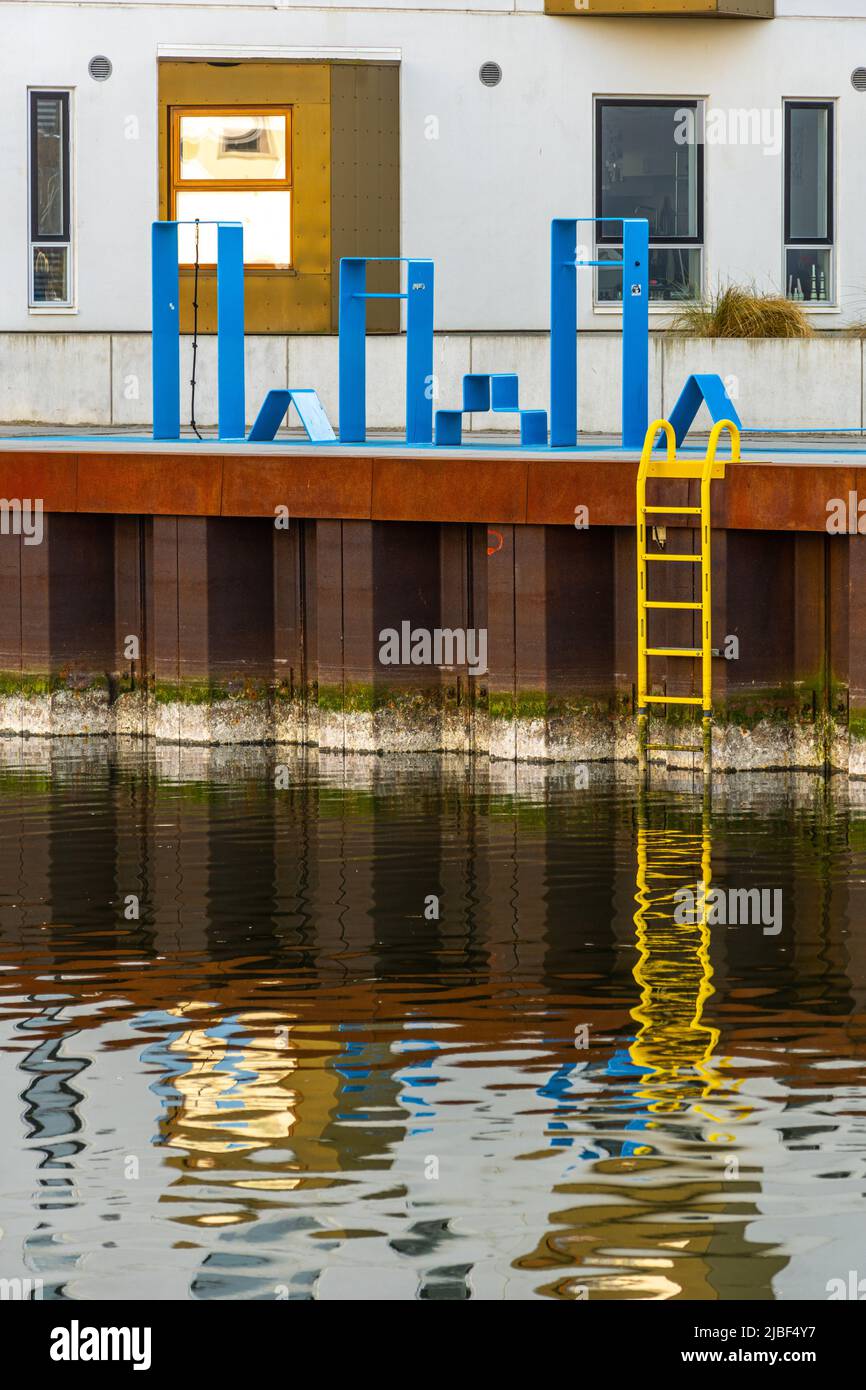 Gelbe Zugangsleiter zu einem der Kais der Odense Marina. Odense, Fünen Island, Dänemark, Europa Stockfoto