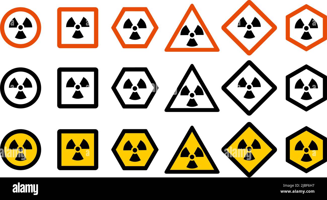 Branchenkonzept. Satz verschiedener Strahlenschutzschilder für Ihr Website-Design, Logo, App, UI. Radioaktives nukleares Symbol auf weißem Hintergrund isoliert Stock Vektor