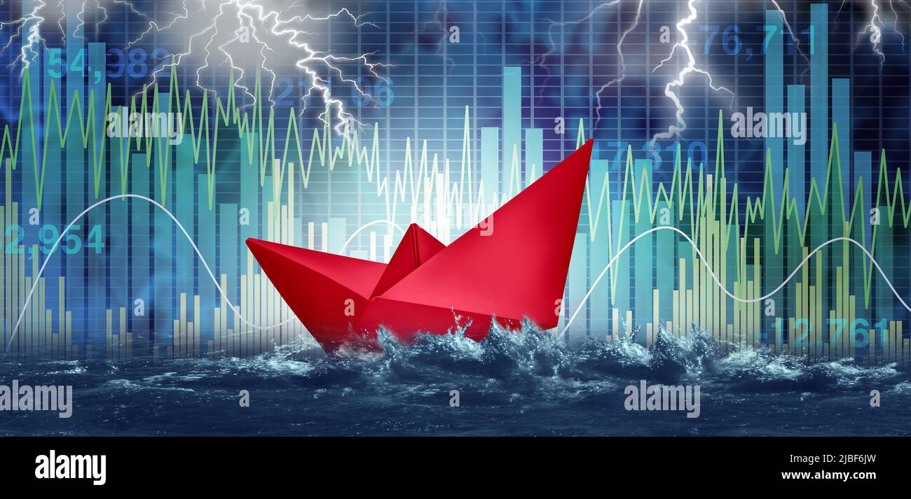 Finanzielle Risiken und Investitionsrisiken wie die Turbulenzkrise an den Börsen und der wirtschaftliche Sturm als rotes Papierboot für das Vermögensmanagement. Stockfoto
