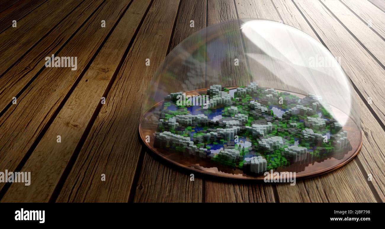 Kleine Welt aus sechseckigen Fliesen in einer Glaskuppel. Isometrische Ansicht. Videospiel-Style. Umweltschutzkonzept. 3D Darstellung rendern Stockfoto