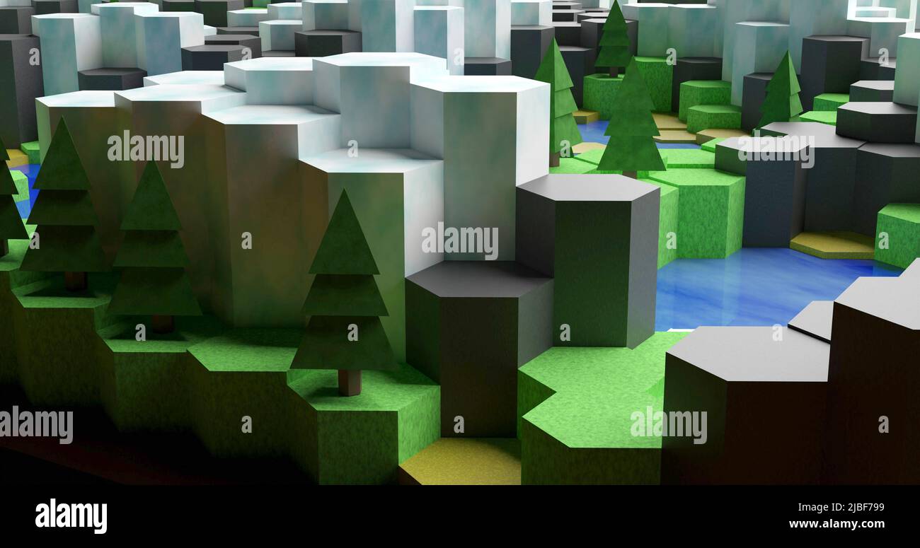 Kleine Welt aus sechseckigen Fliesen. Isometrische Ansicht. Videospiel-Style. Umweltschutzkonzept. 3D Darstellung rendern Stockfoto