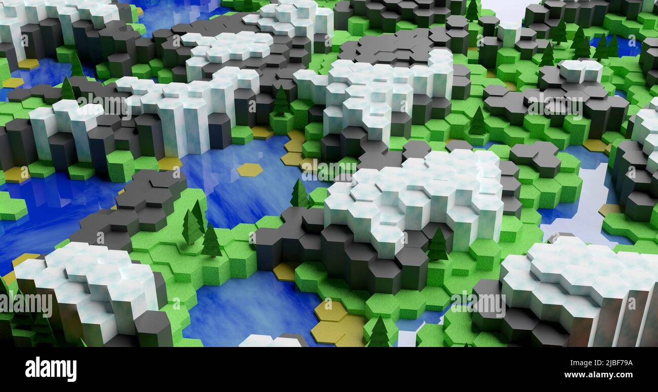 Kleine Welt aus sechseckigen Fliesen. Isometrische Ansicht. Videospiel-Style. Umweltschutzkonzept. 3D Darstellung rendern Stockfoto