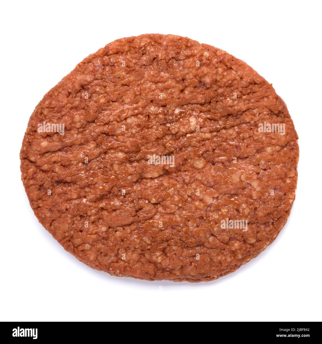 Ein paniertes Burger-Patty, mittelgutes Essen, isoliert auf weißem Hintergrund, Draufsicht, flach liegend Stockfoto