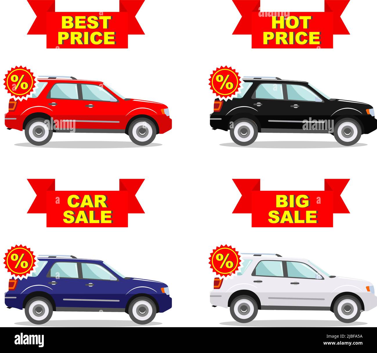 Autosalon. Großer Verkauf. Heißer Preis. Bester Preis. Satz von Rabatt-Symbolen für Autos. Farbige Business-Klasse-Automobil isoliert auf weißem Hintergrund in der Wohnung Stock Vektor