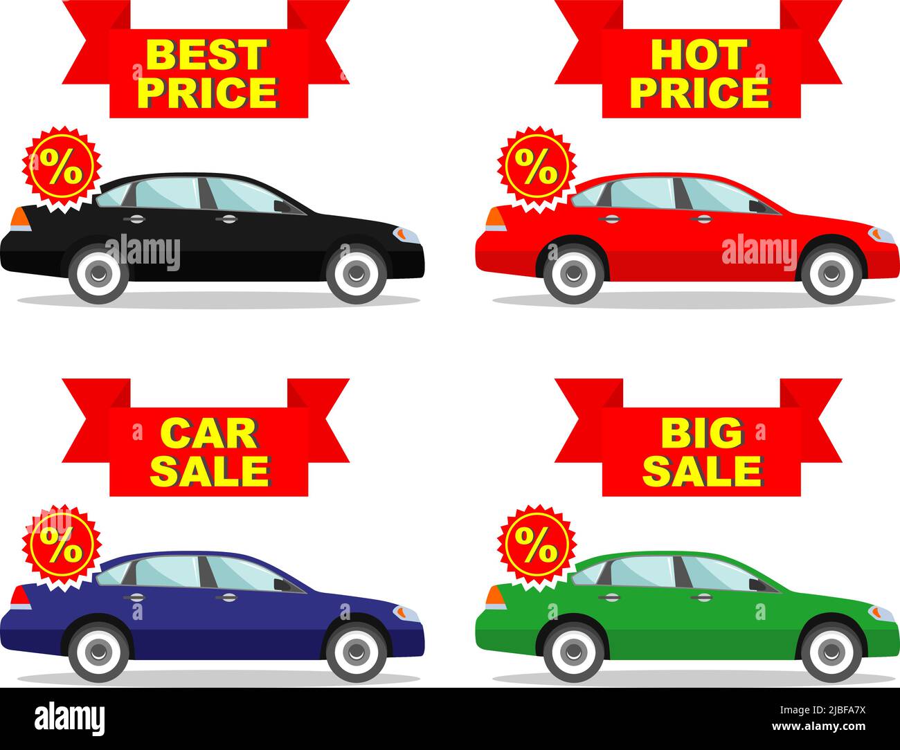 Autosalon. Großer Verkauf. Heißer Preis. Bester Preis. Satz von Rabatt-Symbolen für Autos. Farbige Business-Klasse-Automobil isoliert auf weißem Hintergrund in der Wohnung Stock Vektor