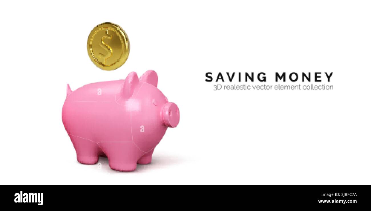 Sparschwein Finanz- und Geschäftskonzept. Realistisches rosafarbenes Schwein mit fallender Goldmünze. Banner für Finanzinvestitionen. Geld sparen. Vektorgrafik Stock Vektor