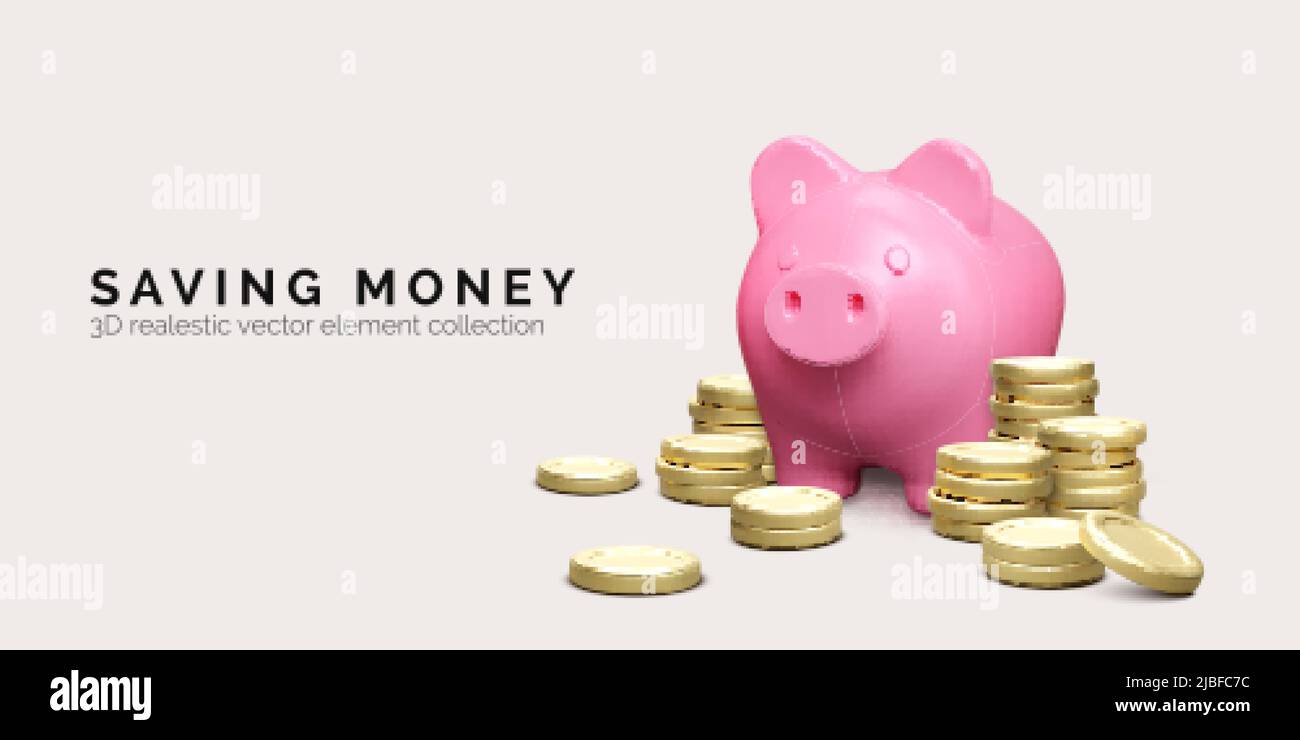 Rosa Sparschwein mit einem Stapel Goldmünzen. Sparkonzept. 3D realistisches Schwein und Geld. Banner für Finanzinvestitionen und Unternehmen. Vektorgrafiken Stock Vektor