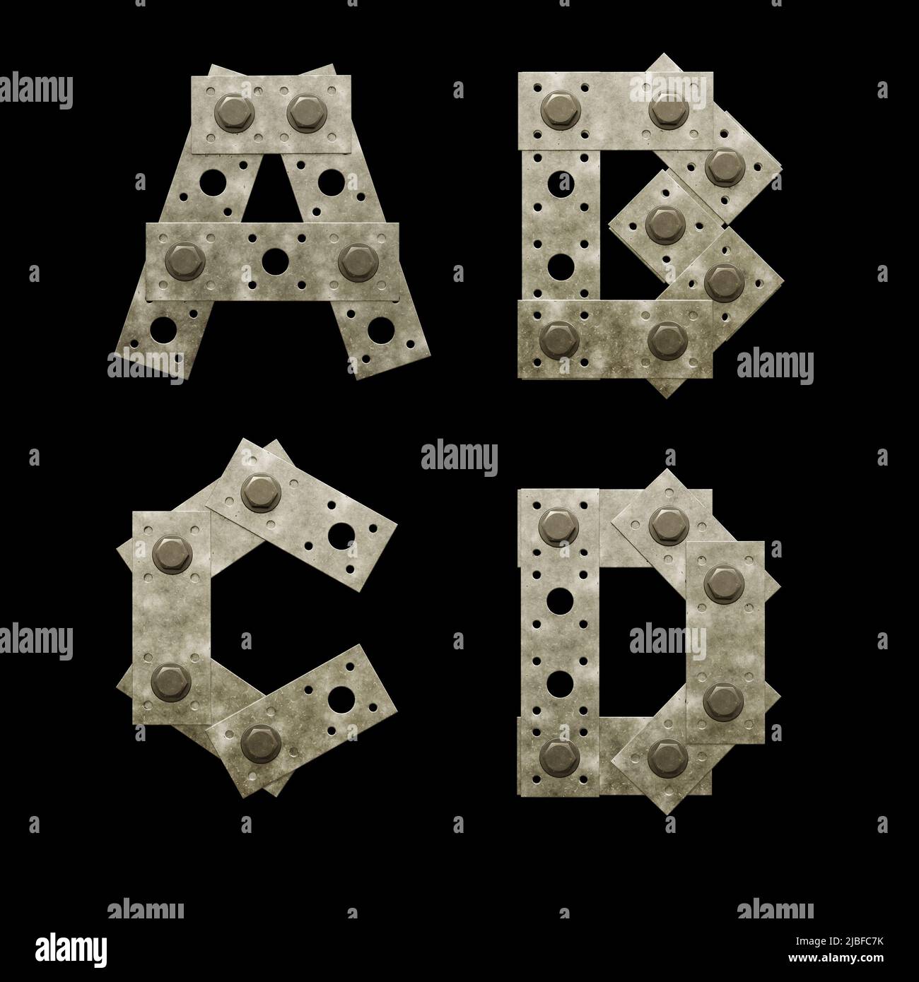 3D Rendering von Metall Befestigungsplatte Großbuchstaben Alphabet - Buchstaben A-D Stockfoto
