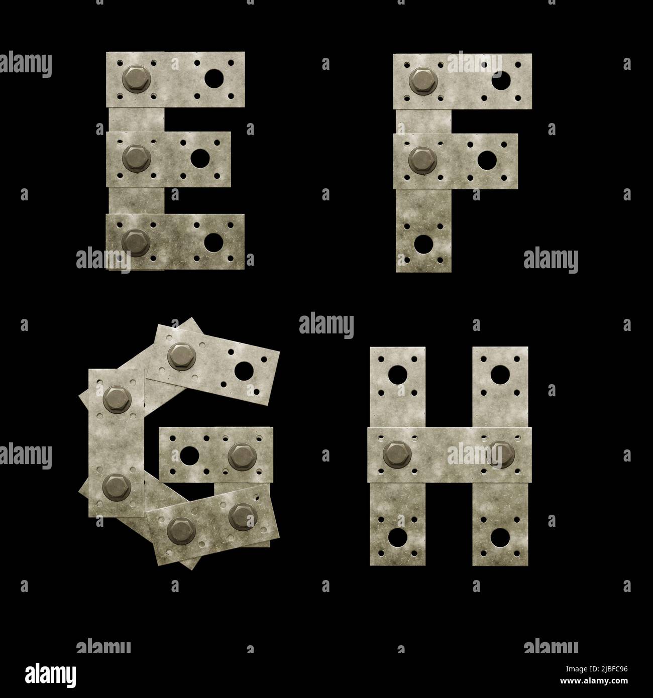 3D Rendering von Metall Befestigungsplatte Großbuchstaben Alphabet - Buchstaben E-H Stockfoto