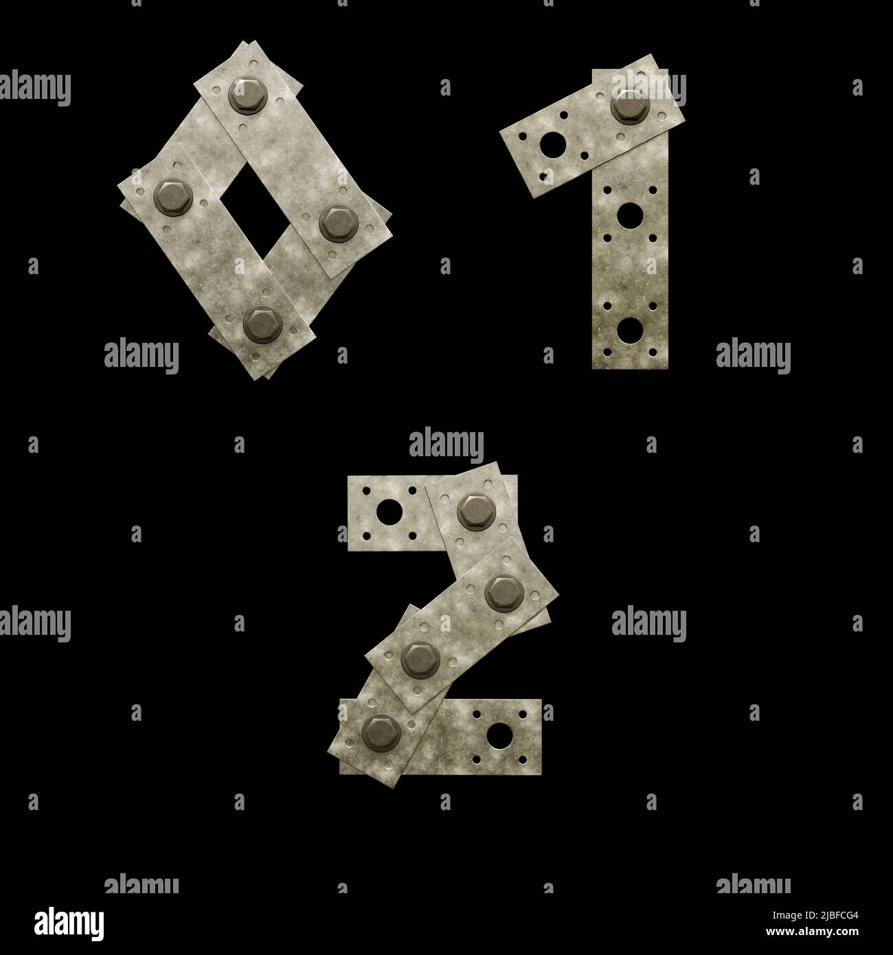 3D Rendering von Metall Befestigungsplatte Großbuchstaben Alphabet - Ziffern 0-2 Stockfoto