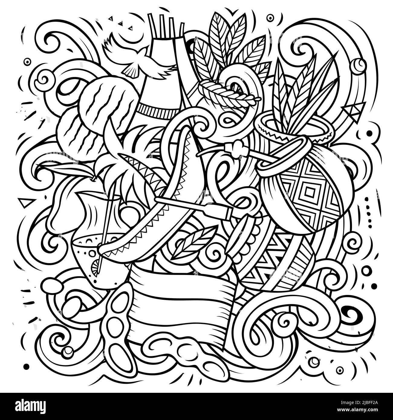 Paraguay handgezeichnete Cartoon-Kritzeleien Illustration. Witziges Reisedesign. Kreativer Vektorhintergrund. Elemente und Objekte des lateinamerikanischen Landes. Stock Vektor