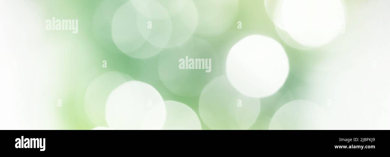 Sommer grün funkelnden Glitter Bokeh Hintergrund, Banner Textur. Abstrakter Header für defokussierte Lichter. Breitbild-Hintergrundbild. Panorama-Webbanner Stockfoto
