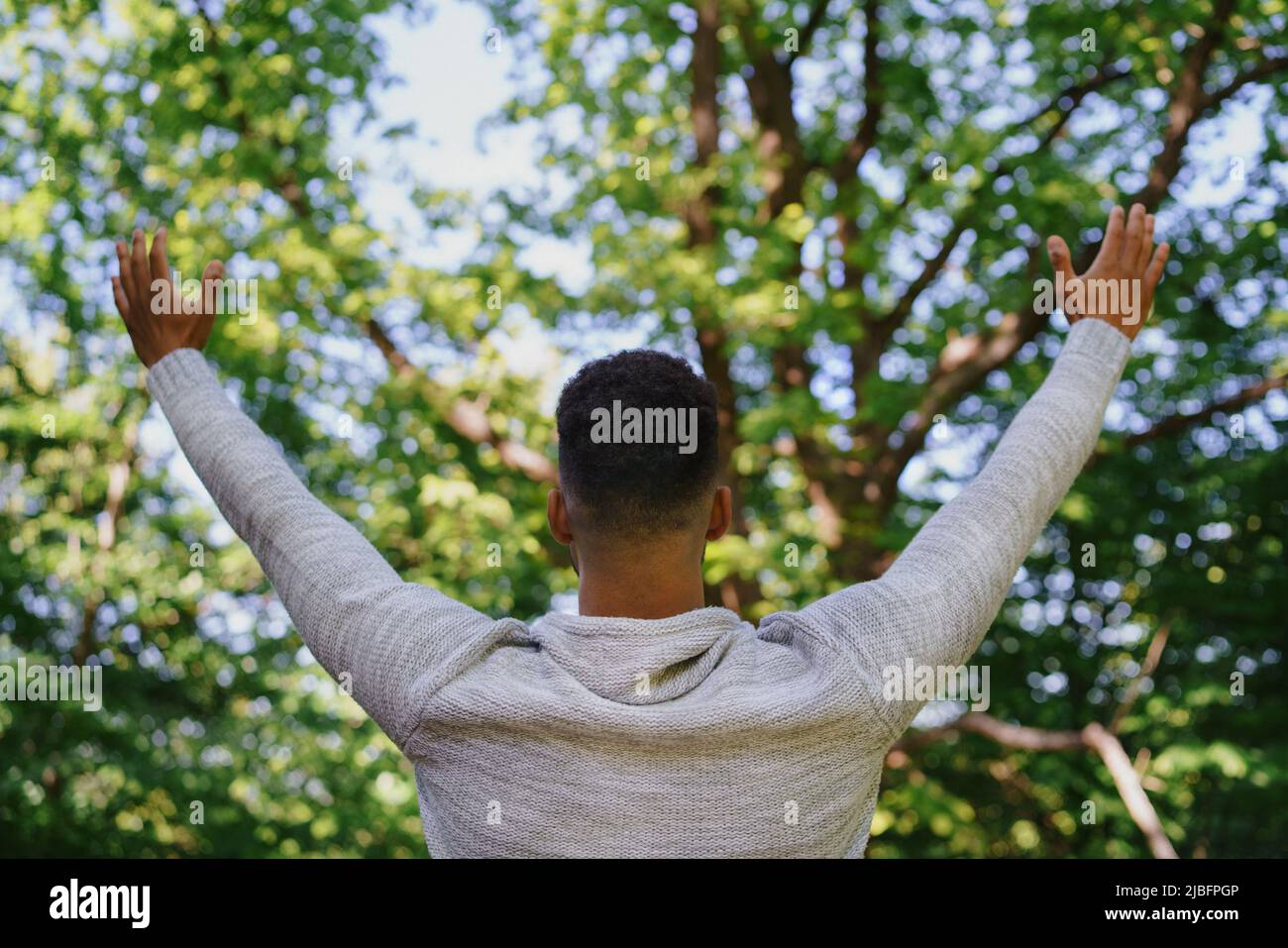 Rückansicht eines glücklichen jungen Mannes, der Stretching-Übungen macht und im Freien im Wald, Wochenendausflug und digitalen Entgiftungskonzept die Hände hochhebt. Stockfoto