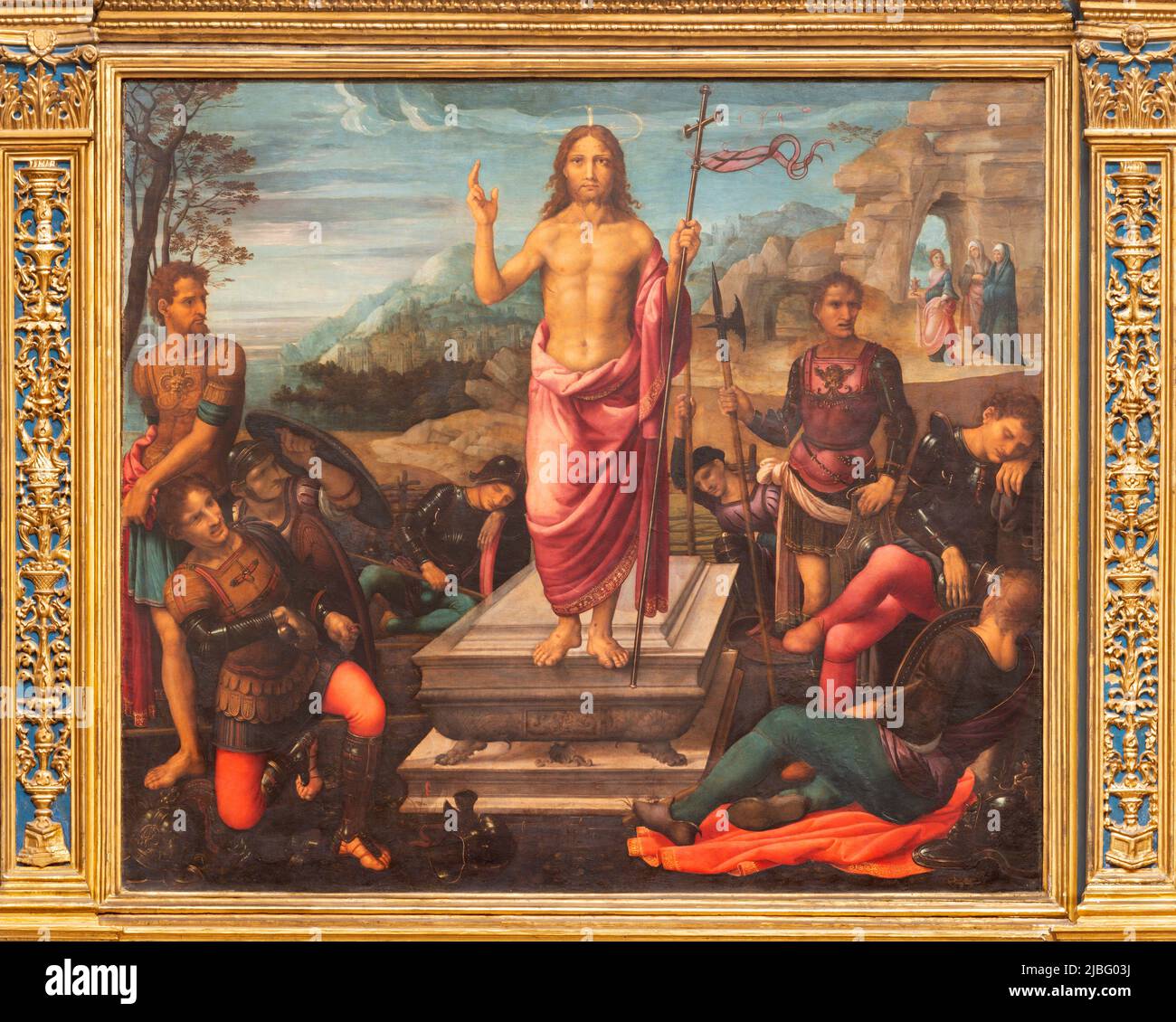 VALENCIA, SPANIEN - 14. FEBRUAR 2022: Das Gemälde Auferstehung Jesu auf dem Hauptaltar in der Kathedrale. Stockfoto