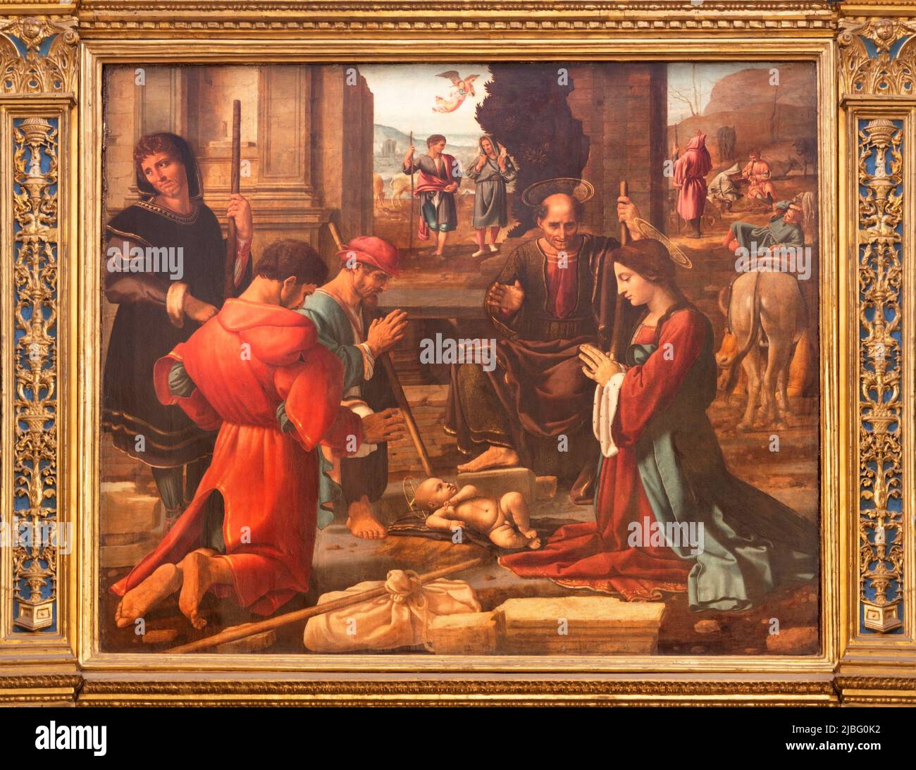 VALENCIA, SPANIEN - 14. FEBRUAR 2022: Das Gemälde der Anbetung von Schafherden auf dem Hauptaltar in der Kathedrale. Stockfoto
