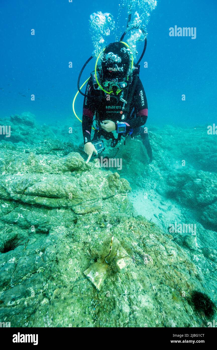 Meeresbiologen untersuchen das Käfigexperiment zur Makroalgenrestaurierung in der Gokova Bay, Türkei. Stockfoto