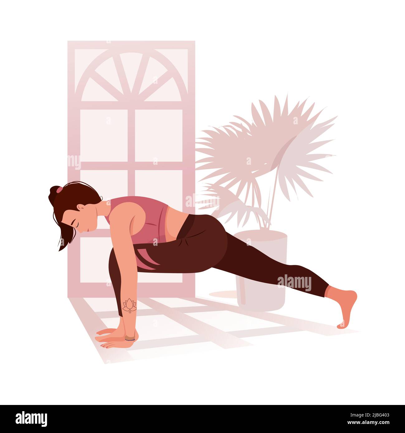 Frau, die Yoga praktiziert, verschiedene Posen. Gesunder Lebensstil. Frau mit geschlossenen Augen, die ihre Beine streckte und meditierte. Meditationspraxis. Zen und Harmonie Konzept. Vektorgrafik im flachen Stil. Stock Vektor
