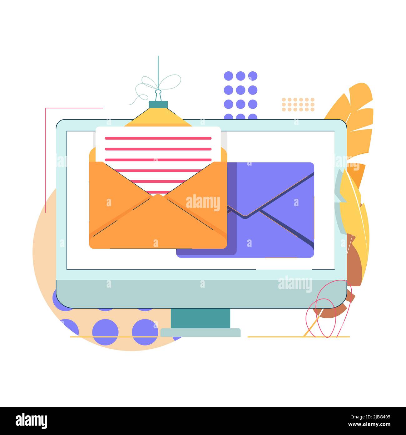 E-Mail-Service-Konzept flache Vektor-Illustration. E-Mail-Check-up auf dem Laptop. Online-Kommunikation, Korrespondenz, soziales Netzwerk. Nachricht, Brief mit Umschlägen, Benachrichtigung. Internet-Werbung... Stock Vektor