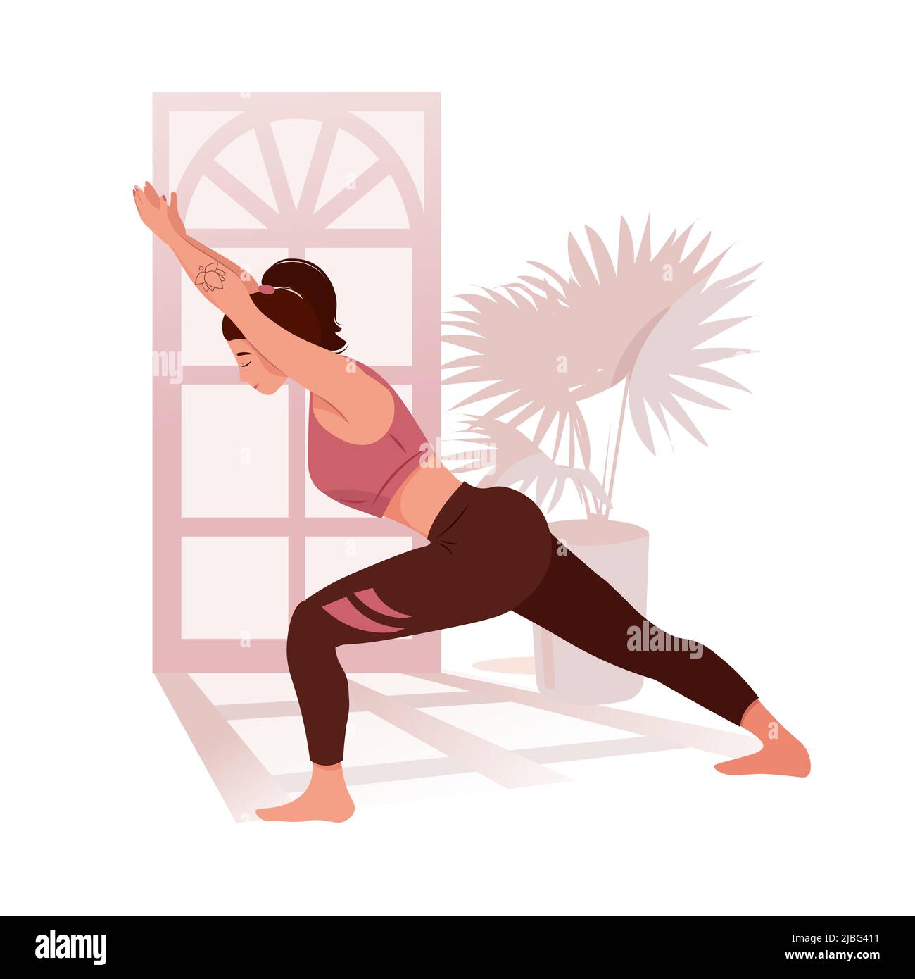 Frau, die Yoga praktiziert, verschiedene Posen. Gesunder Lebensstil. Frau mit geschlossenen Augen, die ihren Körper streckte und meditierte. Meditationspraxis. Zen und Harmonie Konzept. Vektorgrafik im flachen Stil. Stock Vektor