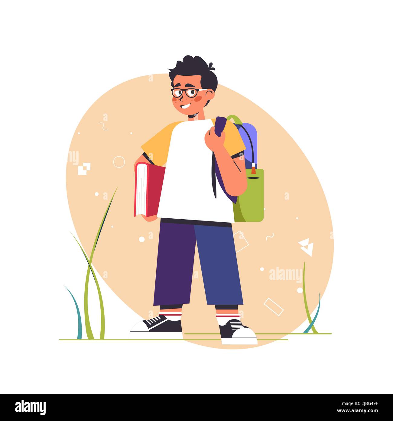 Bildung, Studium, Kindheit, neues Level-Konzept. Junge glücklich fröhlich lächelnd Junge Schüler Charakter stehend mit Prüfungsergebnissen. Erfolgreiche Zielerreichung und zurück zur Schule Vektor-Illustration.. Stock Vektor