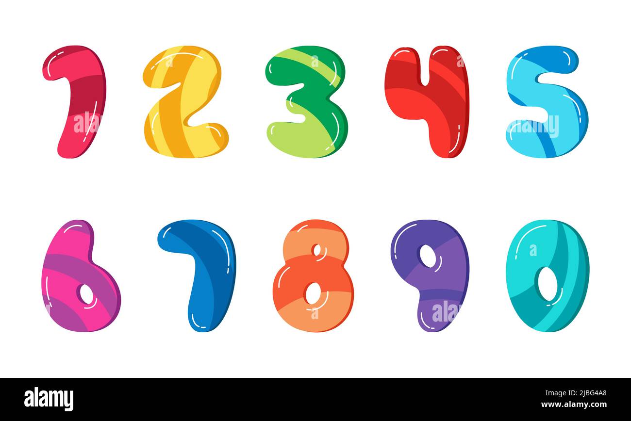 Bunte Cartoon-Zahlen 1-10 für Kinder, Geburtstagskarte Vorlage. Vektorgrafik auf weißem Hintergrund isoliert. Zahlen 1, 2, 3, 4, 5, 6, 7, 8, 9, 0. Stock Vektor