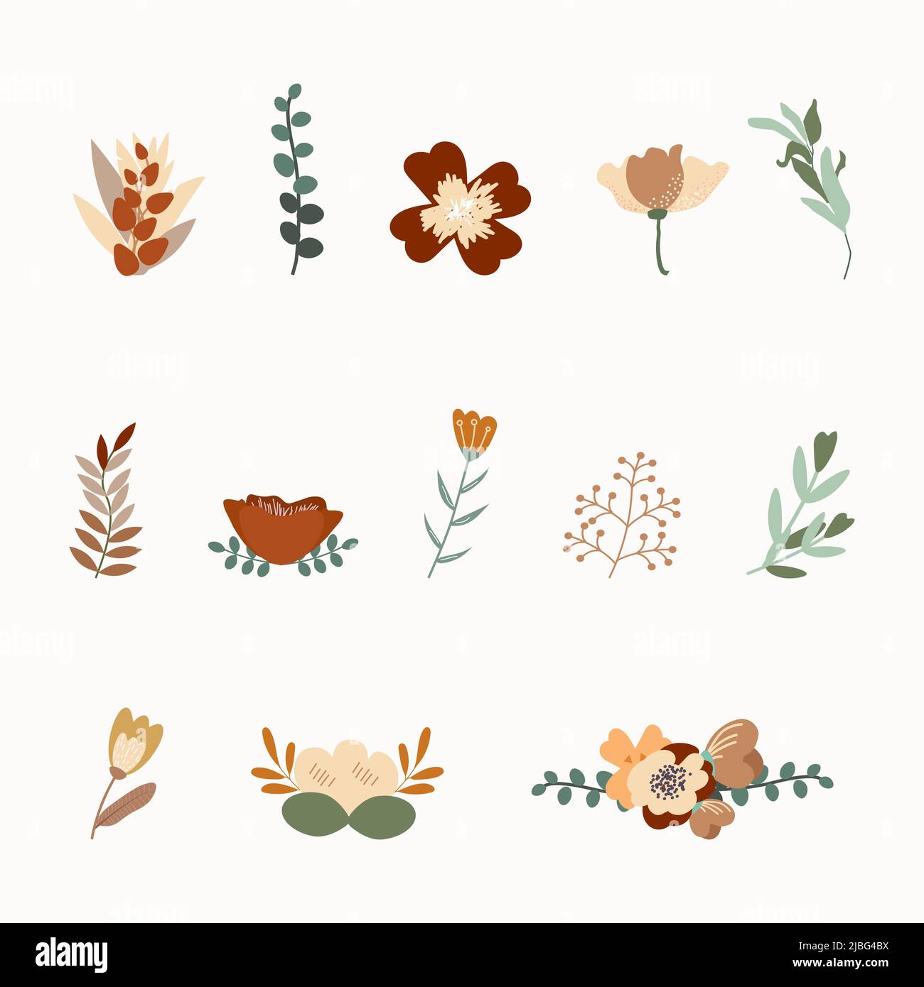 Sammlung von Boho- oder Vintage-Pflanzen und Blumen. Handzeichnen von Vektor-Designelementen. Vorlage für Scrapbooking, Aufkleber, Planer, Einladungen. Herbstblumen in warmen Herbsttönen. Rose, Ranunculus. Stock Vektor