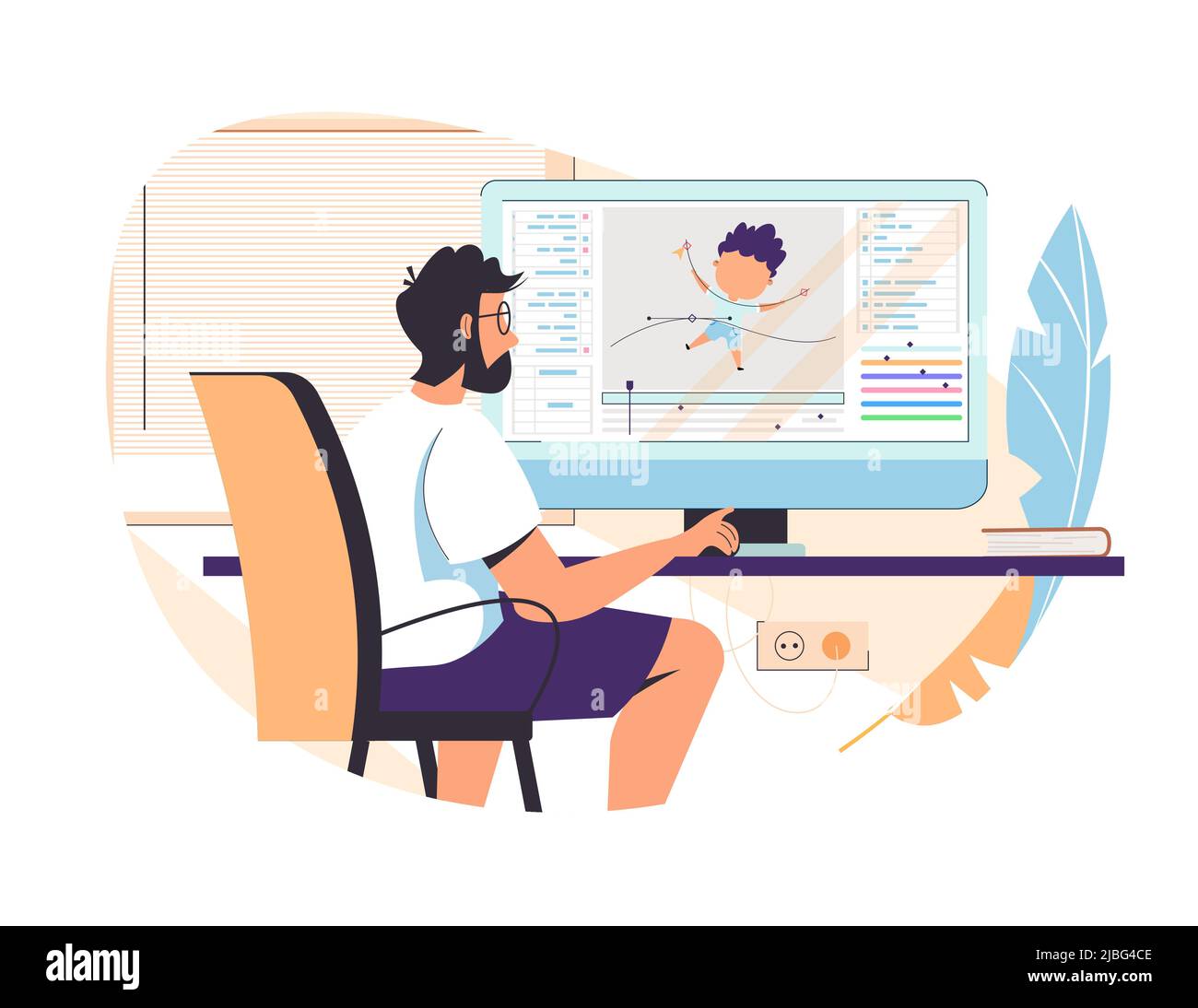 Guy Animator Designer in kreativen Prozess Vektor Illustration. Man Motion Designer sitzt am Arbeitsplatz und arbeitet am Computer. Freelancer Grafik-Schöpfer lernen bei Online-Animation Editor Kurs. Stock Vektor