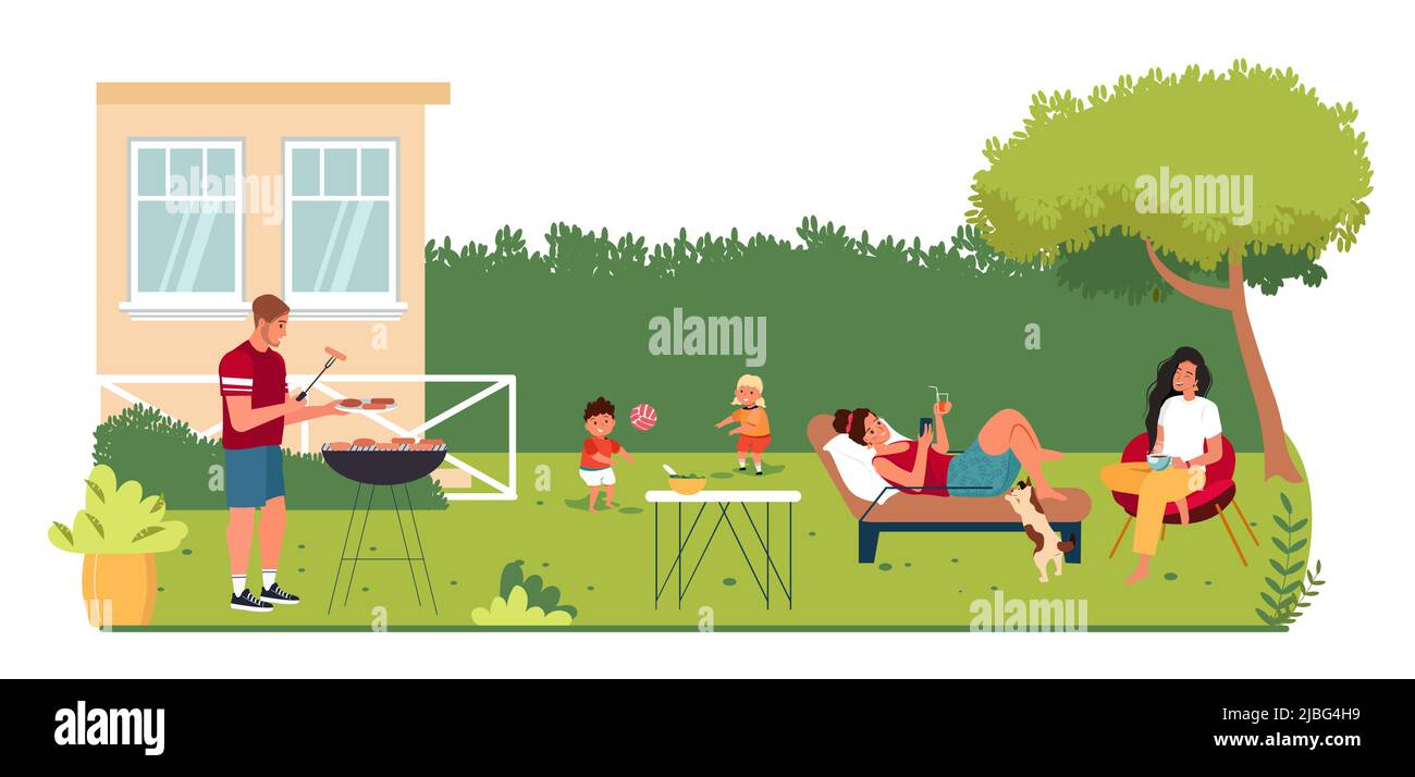 Glückliche Familie oder Freunde mit Kindern verbringen Zeit im Hinterhof bei Grillparty oder Picknick. Mutter, Vater und Kinder, die im Garten Freizeitaktivitäten durchführen. Flache Cartoon-Vektor-Illustration. Stock Vektor