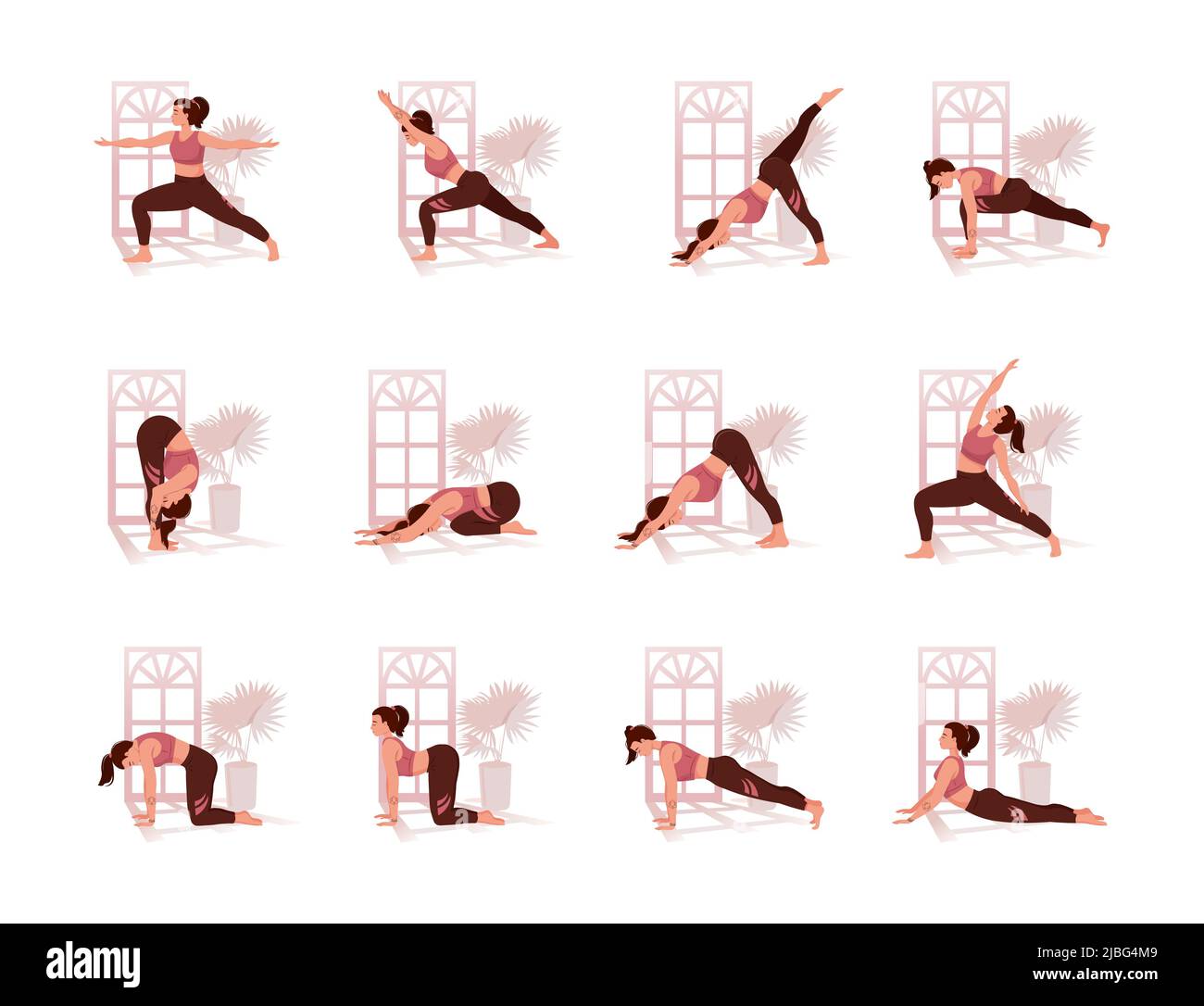 Set von schlanken athletischen jungen Frau tun Yoga, Fitness. Vektor-Illustration für gesunden Lebensstil. Sammlung von weiblichen Zeichentrickfiguren, die verschiedene Yoga-Positionen auf weißem Hintergrund isoliert demonstrieren. Stock Vektor