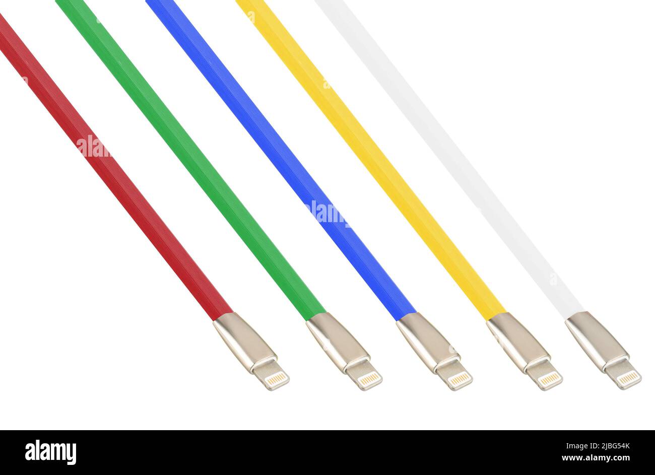Kabel und Anschluss für USB, Typ-C, Micro-USB, Lightning auf weißem Hintergrund, Collage Stockfoto