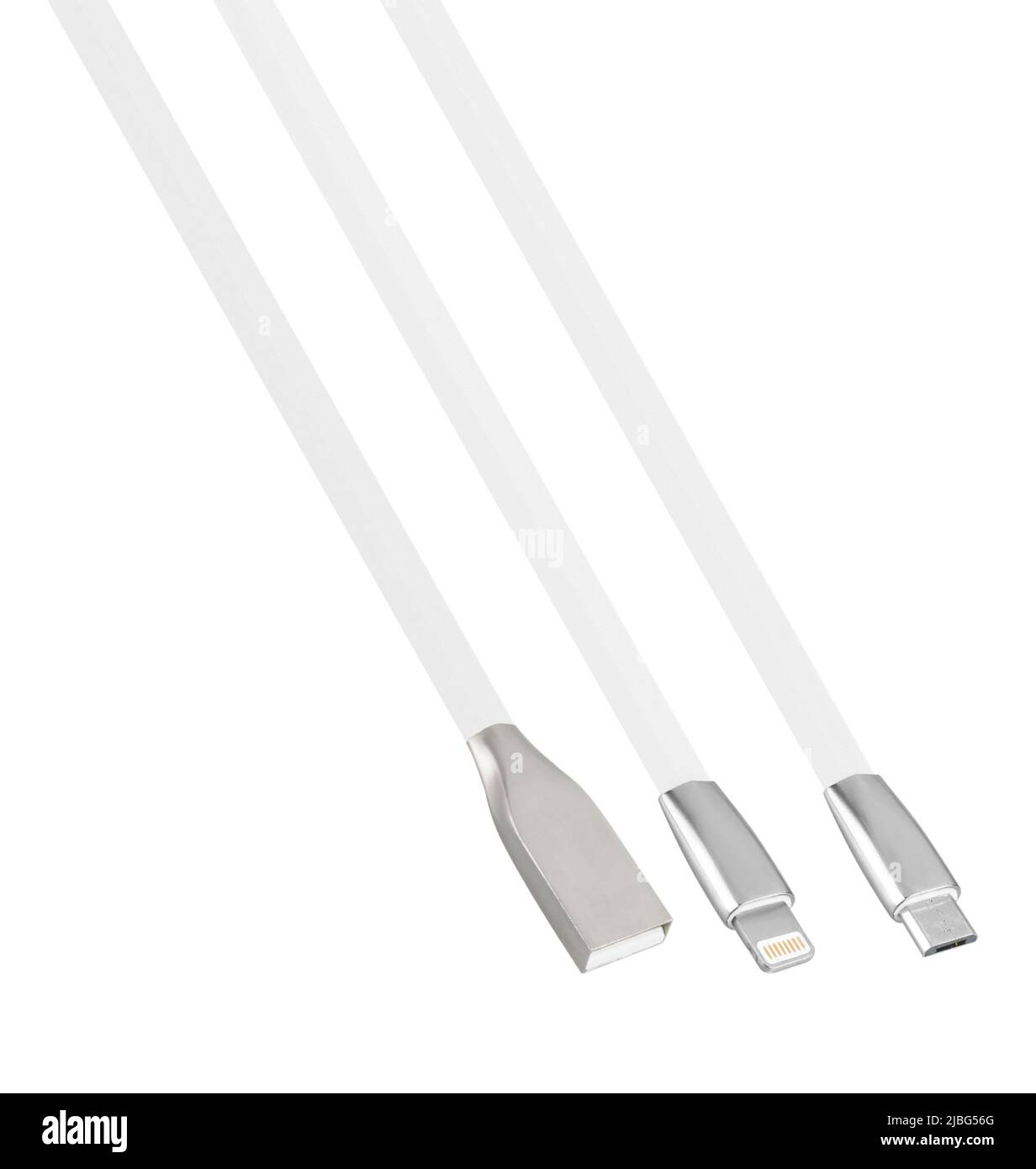 Kabel und Anschluss für USB, Micro-USB, Lightning, auf weißem Hintergrund Collage Stockfoto