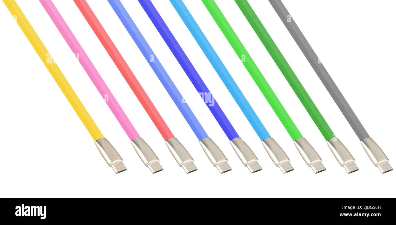 Kabel und Anschluss für USB, Typ-C, Micro-USB, Lightning auf weißem Hintergrund, Collage Stockfoto