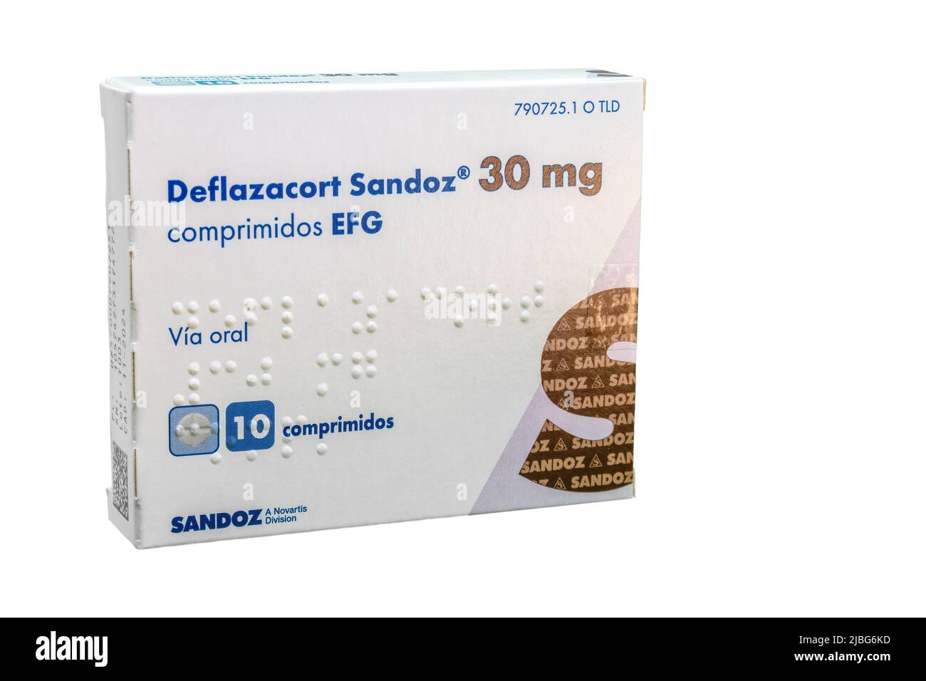 Huelva, Spanien - 4. Juni 2022: Die Deflazakortpackung wird zur Behandlung von Muskeldystrophie bei Erwachsenen und Kindern ab 2 Jahren verwendet. Deflazacort ist i Stockfoto