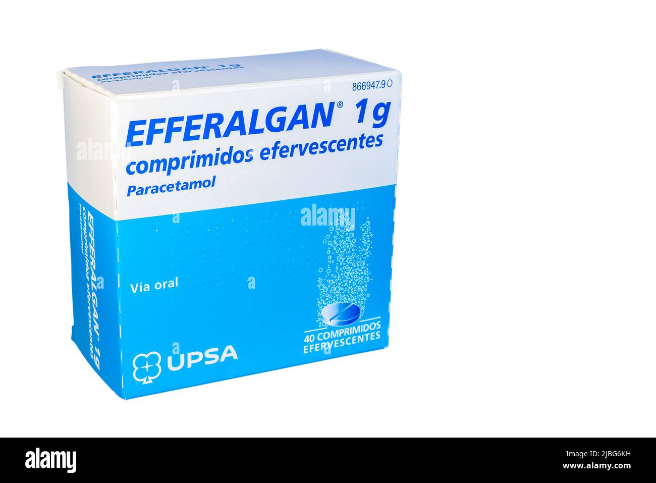 Huelva, Spanien - 4. Juni 2022: Spanische Schachtel mit Paracetamol, auch bekannt als Acetaminophen, Marke Efferalgan 1g aus dem UPSA-Labor. Es ist ein Medikament U Stockfoto