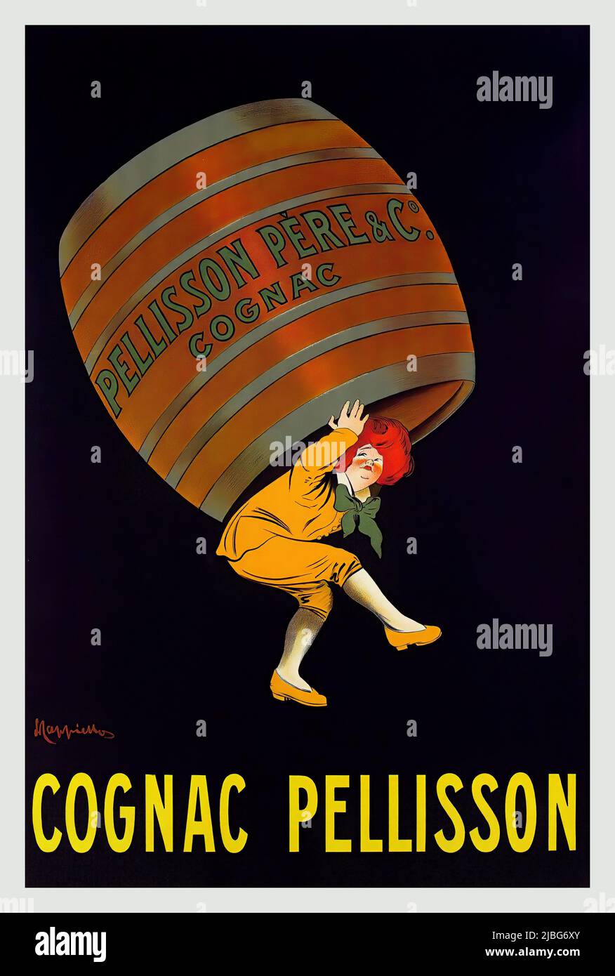 Ein Werbeplakat der Jahrhundertwende 20. von Leonetto Cappiello (1875-1942) für Cognac Pellisson, ein französisches Likörplakat mit dem überdimensionalen Cognac-Fass, das von einer Figur getragen wird. Stockfoto