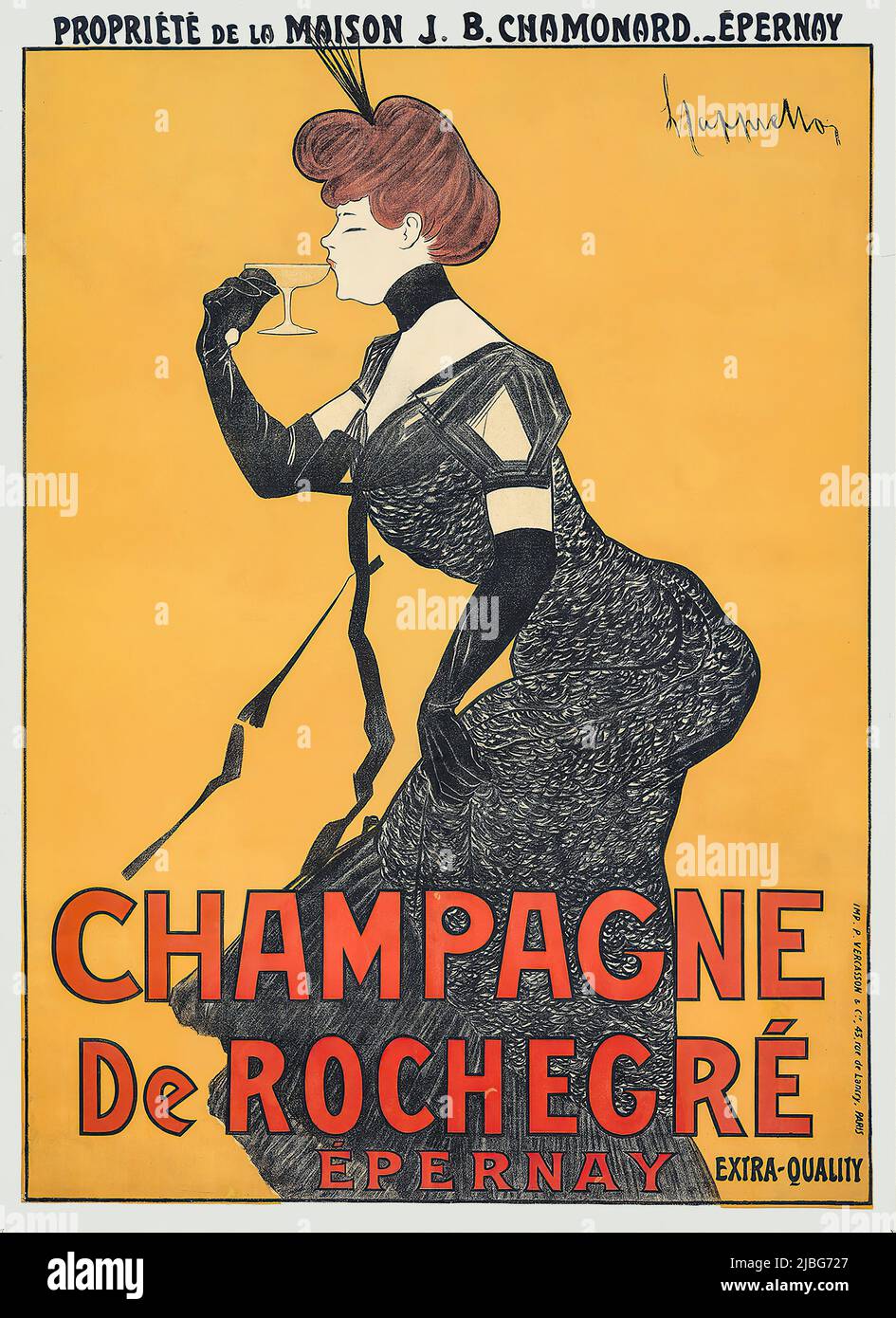 Ein Werbeplakat der Jahrhundertwende 20. von Leonetto Cappiello (1875-1942) für Champagne de Rochegre, auf dem eine Frau das Getränk aus einem Sektglas probiert. Stockfoto