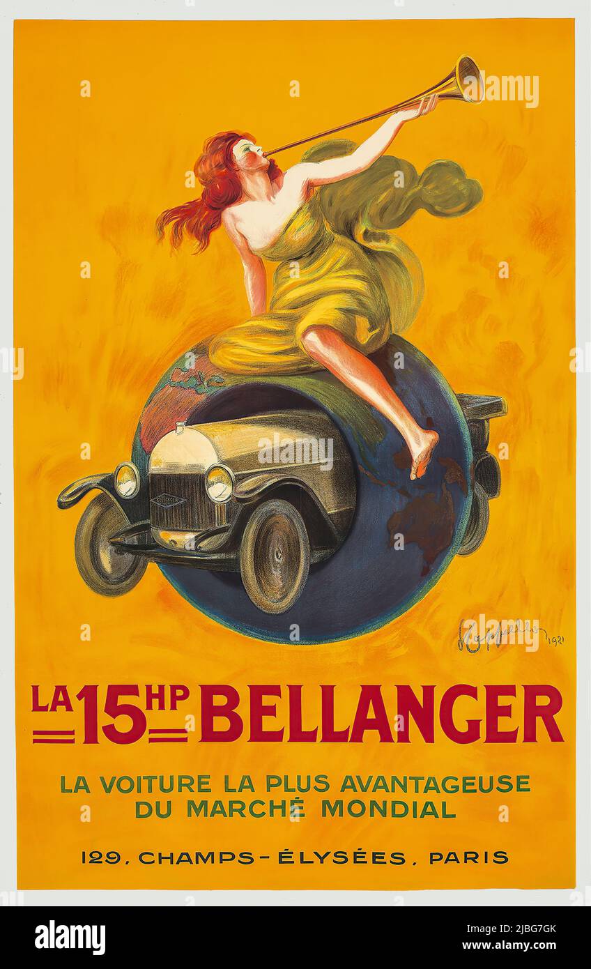 Ein Werbeplakat aus dem 20.. Jahrhundert von Leonetto Cappiello (1875-1942) für ein Auto der Société des Automobiles Bellanger Frère, einem französischen Automobilhersteller zwischen 1912 und 1925, das später von der Firma Peugeot gekauft wurde. Stockfoto