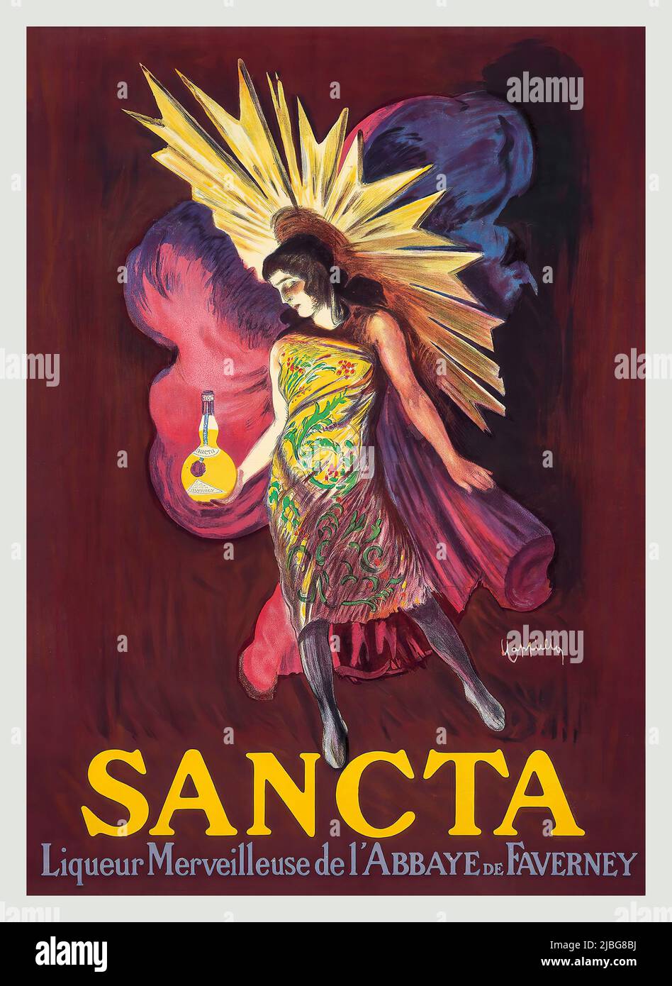 Ein Werbeplakat aus dem 20.. Jahrhundert von Leonetto Cappiello (1875-1942) für den französischen Sancta Liqueur Merveilleuse de l'Abbeye de Faverney. Stockfoto