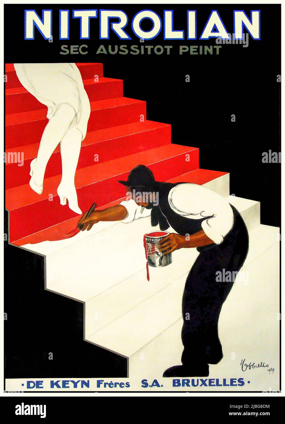 Eine Wende des belgischen Werbeplakats aus dem 20.. Jahrhundert von Leonetto Cappiello (1875-1942), für Nitrolian Paint trocknet es so schnell, dass die Frau nach dem Gebrauch sofort die Treppe hinuntergehen kann. Stockfoto