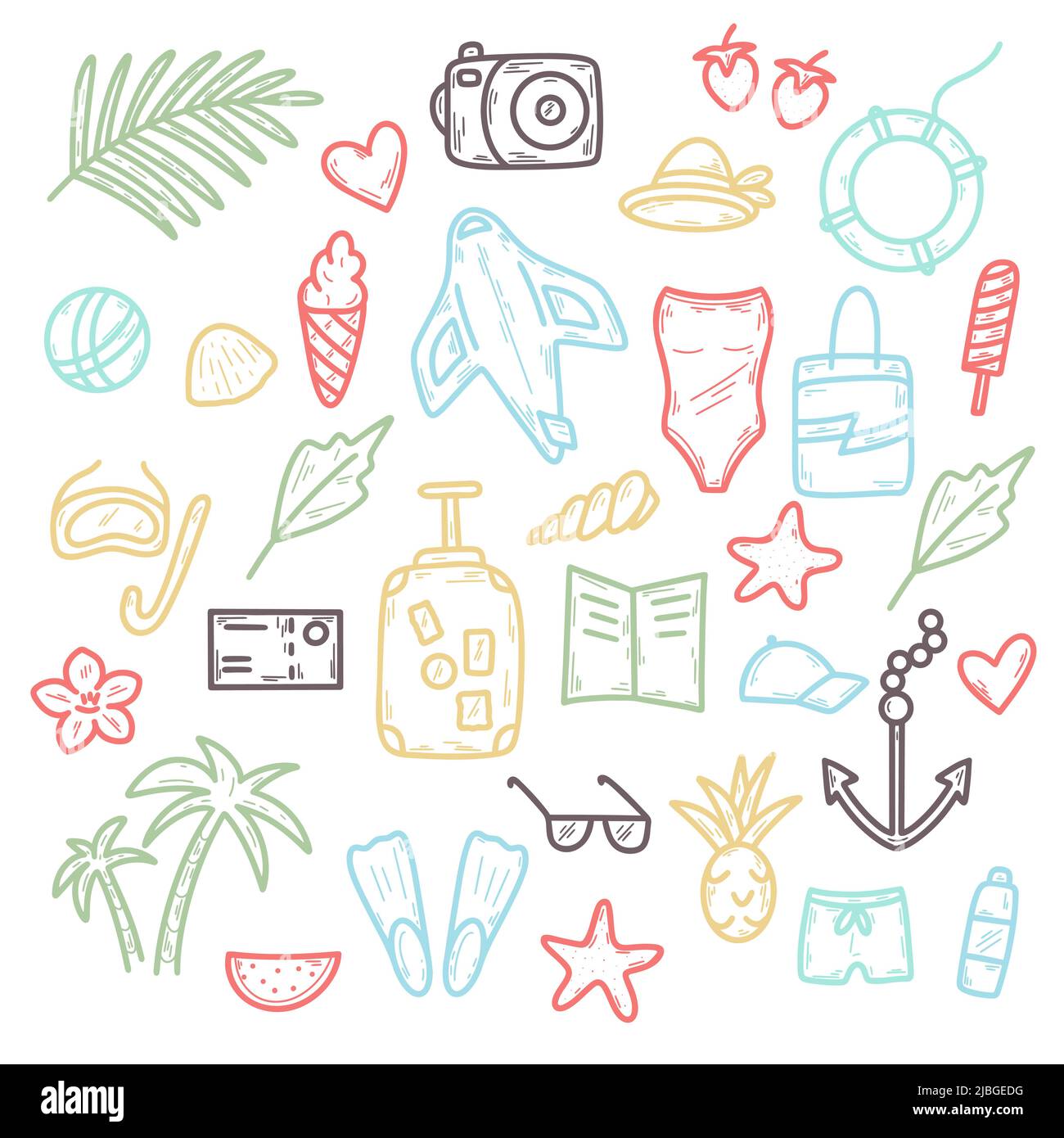 Sommer Reisen und Urlaub farbige Doodle Set Vektor Illustration. Freizeit und Tourismus Konzept Sammlung Linie Symbole. Sommer tropische Urlaubsartikel Stock Vektor