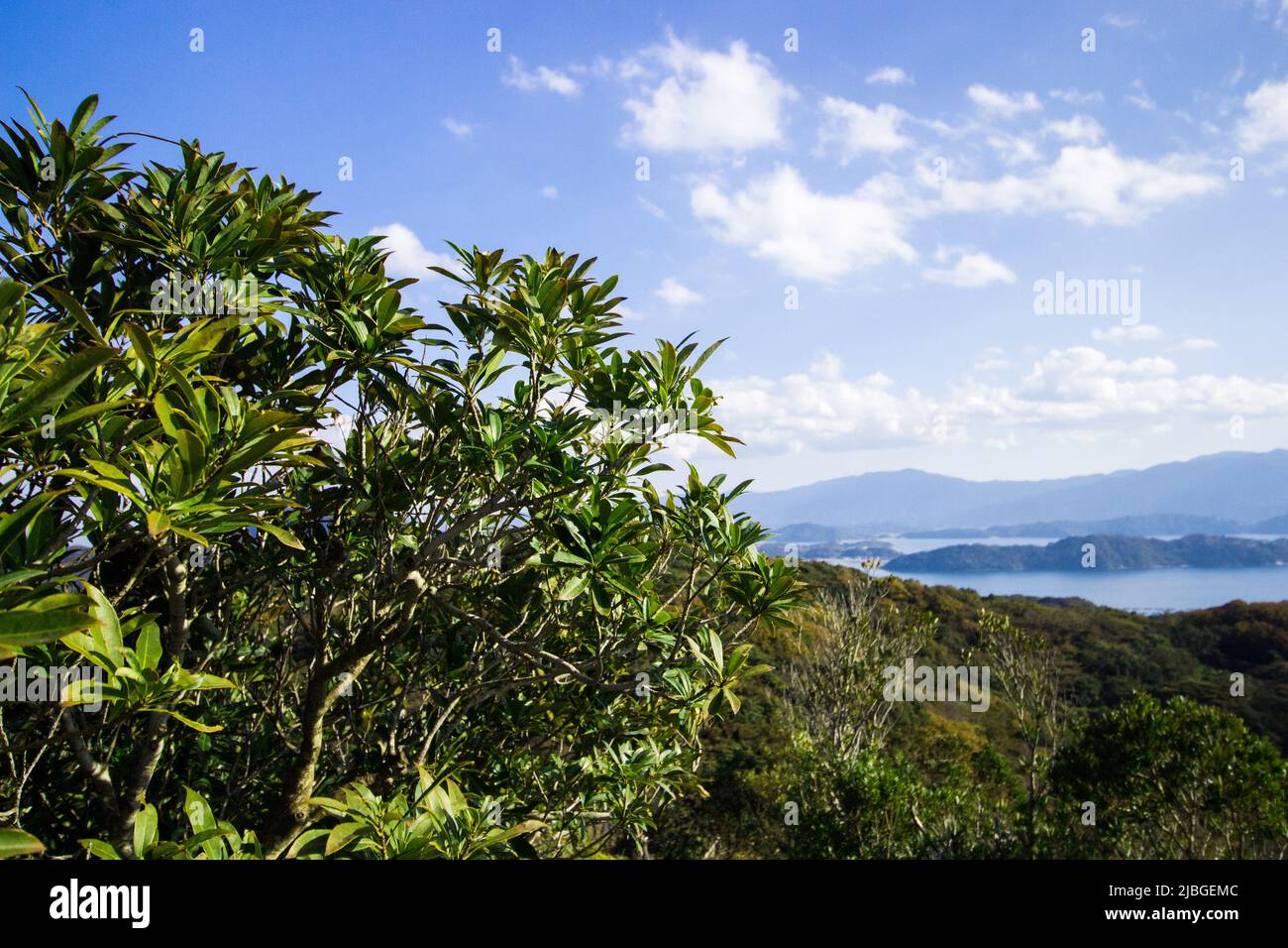 Landschaft von Itoshima vom Berg in Itoshima, Fukuoka, Japan. Im Bild gibt es kleine Inseln im Meer von Genkai. Stockfoto