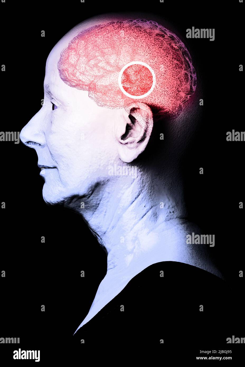 Wie das Gehirn funktioniert. Synapsen und Neuronen. Verbindungen. Kümmern Sie sich um Ihr Gehirn. Degenerative Erkrankungen, Parkinson und Alzheimer, ältere Frau Stockfoto