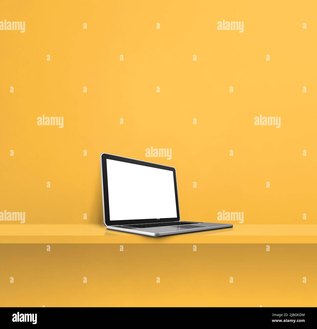 Laptop-Computer auf gelbem Regal. Quadratischer Hintergrund. 3D Abbildung Stockfoto