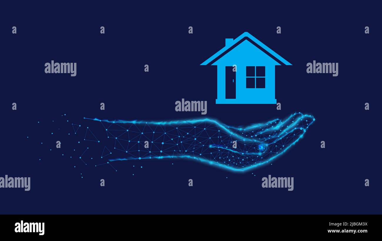 Versicherungskonzept. Haus auf polygonaler Hand. Stockfoto