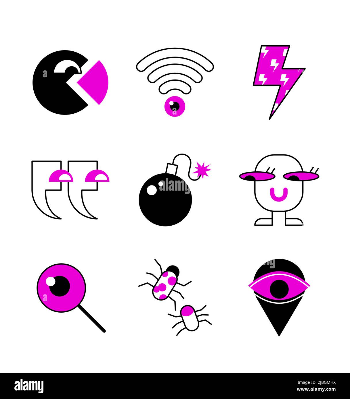 Safe Internet - farbenfrohes, flaches Design mit Symbolen und linearen Elementen. Eine violett gefärbte Komposition mit Wifi, Zitaten, Bugs, Location Tag, magnifie Stock Vektor