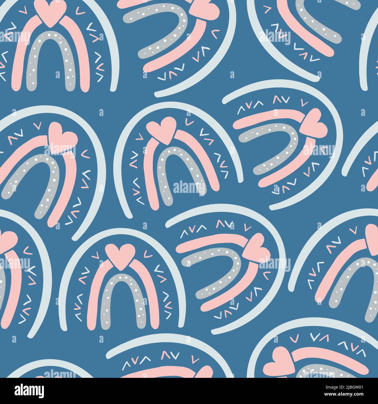 Illustration Cartoon nahtlose Muster Regenbögen grau rosa Farben auf einem blauen Hintergrund. Hochwertige Illustration Stockfoto