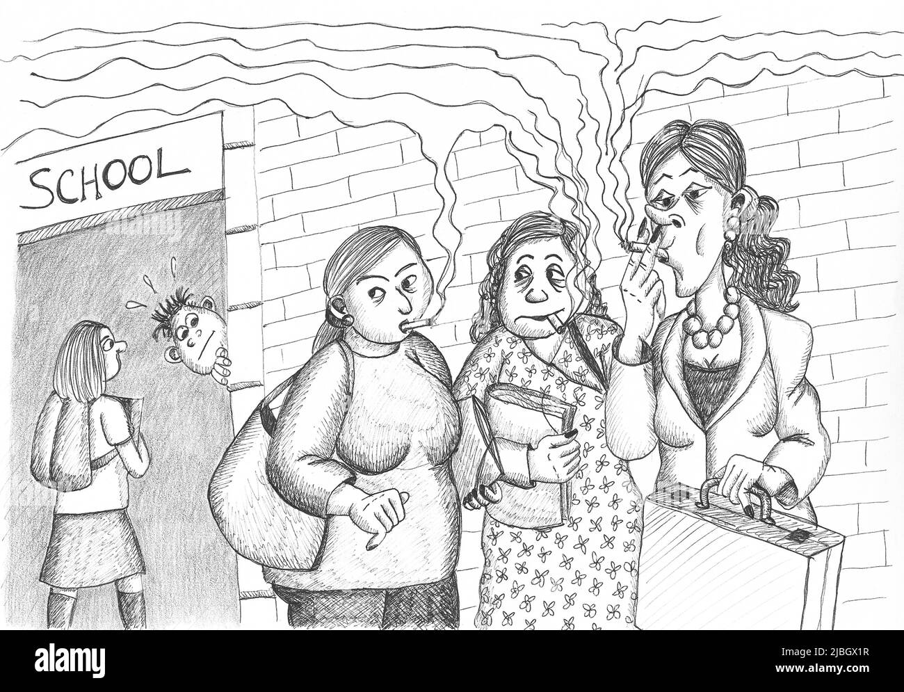 Lehrer rauchen an der Schultür. Abbildung. Stockfoto