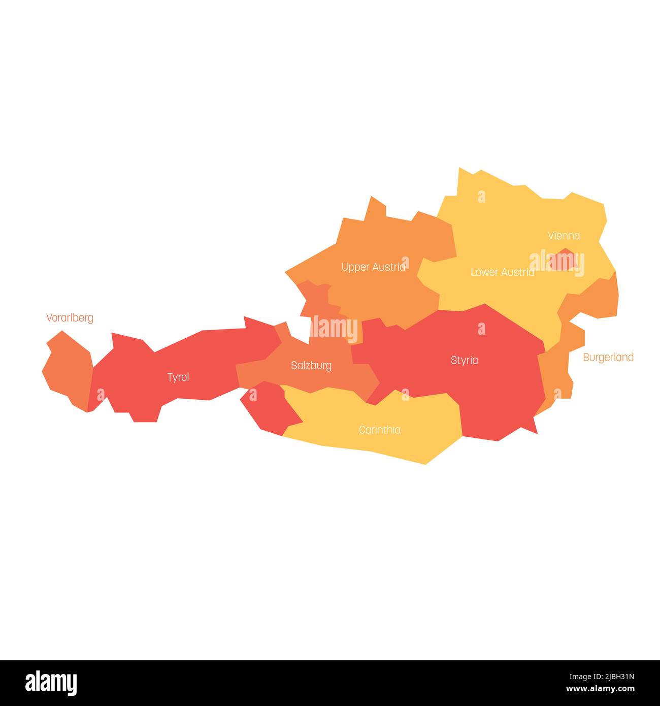 Staaten von Österreich. Karte der regionalen Verwaltungseinheiten des Landes. Farbenfrohe Vektorgrafik Stock Vektor
