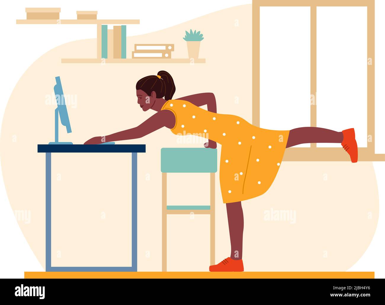 Workplace Workout-Mitarbeiter. Frau, die Sport macht. Weibchen steht in sportlicher Position. Gesunder Lebensstil. Freiberufler Arbeitspause. Fitnesstraining Stock Vektor